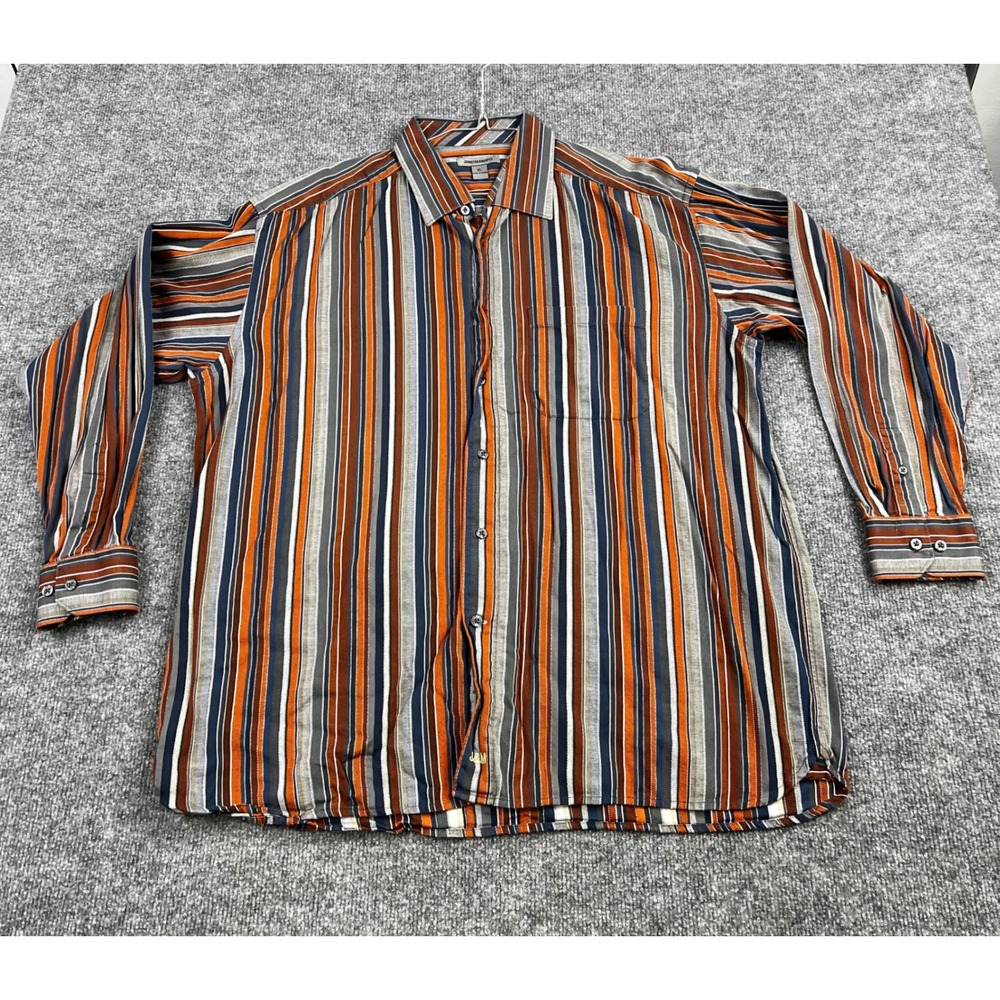 Johnston & Murphy Mens XL Button Up Shirt Long Sleeve Orange Blue Stripe Cotton